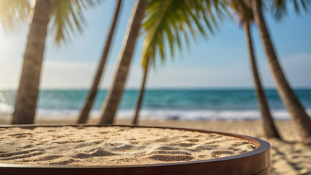 Wooden table top on blur tropical beach with coconut palm tree background.の素材