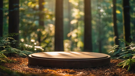 Empty round podium in the forest. Product presentation mockup. 3d renderの素材