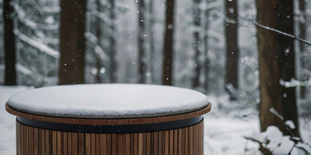 Wooden round table and snowfall in the winter forest. Selective focus.の素材