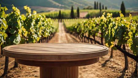 Empty wooden table and vineyard in Tuscany, Italy.の素材