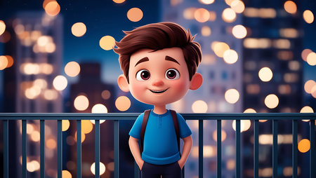 3d rendering of a cute little boy standing on a balcony at nightの素材