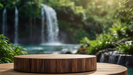 Wooden podium on wooden table in front of waterfall. 3d renderingの素材