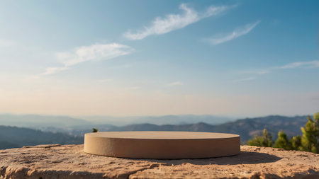 Wooden podium on the top of a mountain with blue sky backgroundの素材