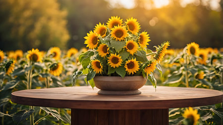 Sunflowers in a vase on a wooden table in the fieldの素材