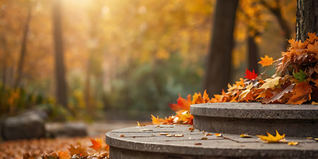 Autumn leaves on stone stairs in the park. Autumn background.の素材
