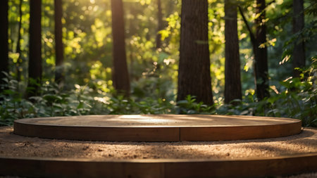 Wooden round table in the forest. Background for product display.の素材