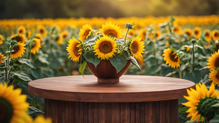 Sunflowers in a pot on a wooden table in the fieldの素材
