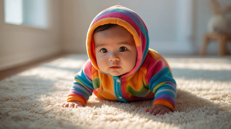 Cute baby girl crawling on the floor at home. Newborn child in colorful clothes.の素材