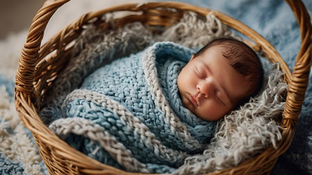 Cute newborn baby boy sleeping in a basket wrapped in a knitted scarfの素材