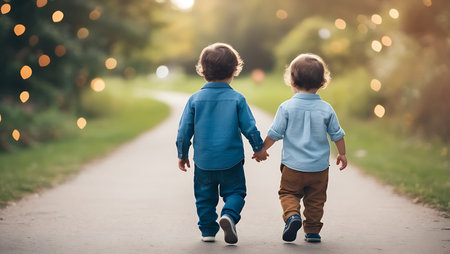 Two little boys walking in the park and holding hands. Back view.の素材