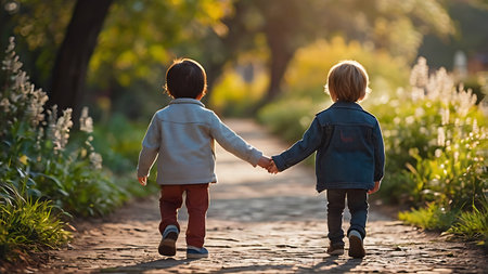 Two little boys holding hands and walking in the park at sunset.の素材