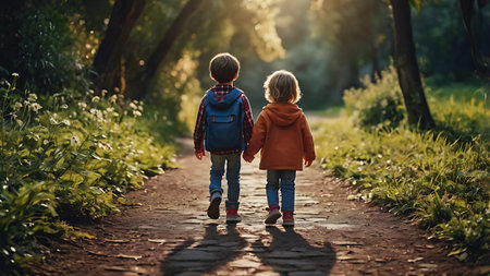Back view of two adorable little children, boy and girl, walking together in the park at sunsetの素材