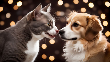 Cute dog and cat on christmas background with bokehの素材