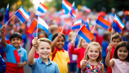 kids with russian flags waving at international childrens day or festivalの素材