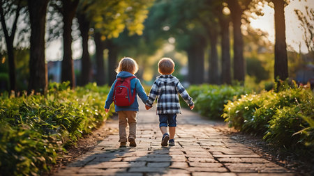 Two adorable little kids, boy and girl, walking in the park, holding hands, back viewの素材