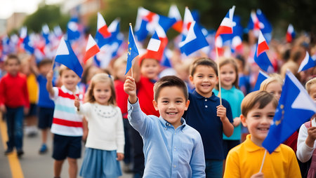 kids with flags waving at international childrens day or russian holidayの素材