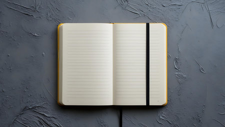 Open notebook with blank pages on a gray background. Top view.の素材