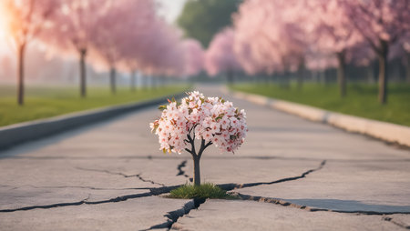Cherry blossoms tree growing on cracked ground. Spring background.の素材