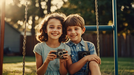 Cute little boy and girl having fun on a swing in the park.の素材
