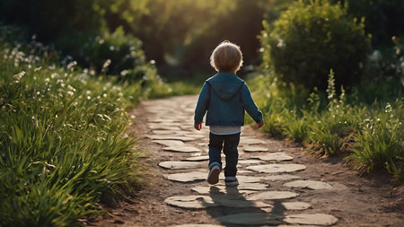 Cute little boy walking on a path in the park at sunsetの素材