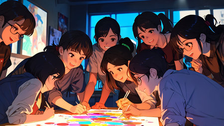 Group of asian teenagers painting with colorful paints in a night clubの素材