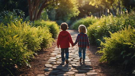 Two children, boy brothers, walking in the park on a sunny dayの素材