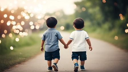 Two little boys walking on the road in the park at sunset.の素材