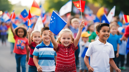 kids with flags at international children's day in schoolyardの素材