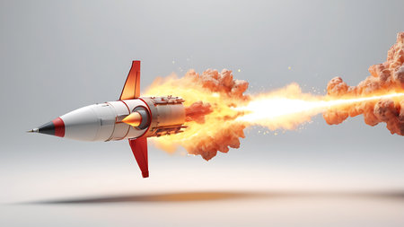 Rocket with a red rocket on a gray background. 3d renderingの素材