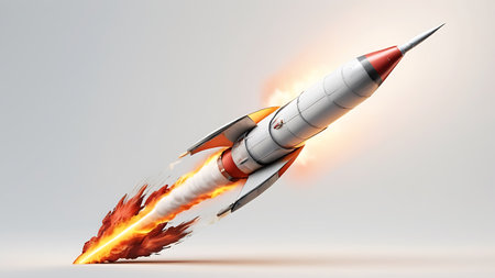 Rocket with fire flying in the sky. 3d illustration. Space travel concept.の素材