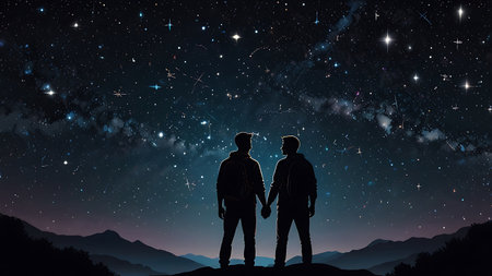 Silhouette of two men looking at starry sky. Mixed mediaの素材
