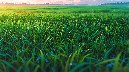 Green grass and flowers in the meadow at sunset. Nature backgroundの素材