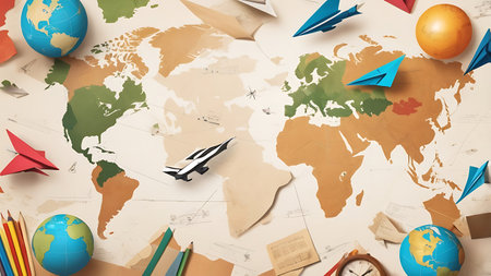 Top view of travel concept with world map, globe, airplane and other objectsの素材