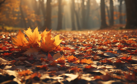 Autumn leaves on the ground with sun rays in the background.の素材