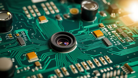 Close-up of printed circuit board with electronic components. Technology backgroundの素材