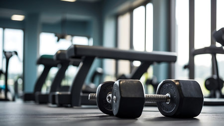 Dumbbells on the floor in the gym, selective focusの素材