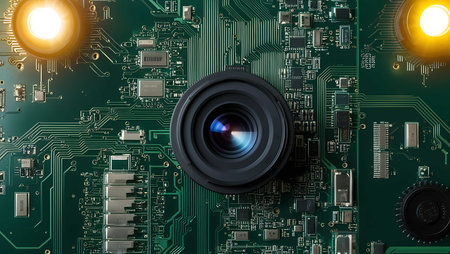 Close up of camera lens on green circuit board. Technology concept.の素材