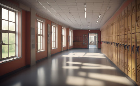 3d render of a school corridor with lockers and windows.の素材