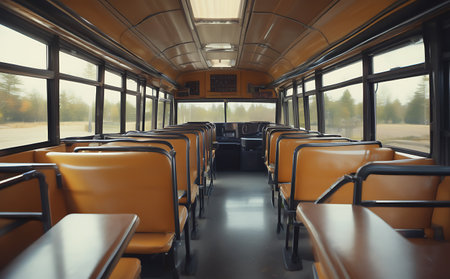 Interior of a bus with orange seats and a row of chairsの素材