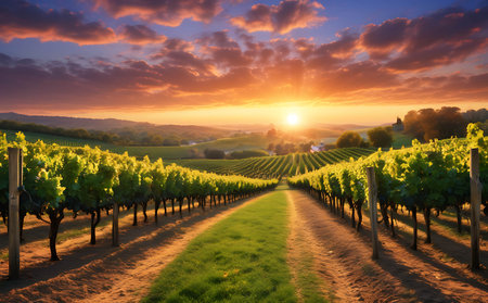 Sunset over vineyards in Chianti region, Tuscany, Italyの素材
