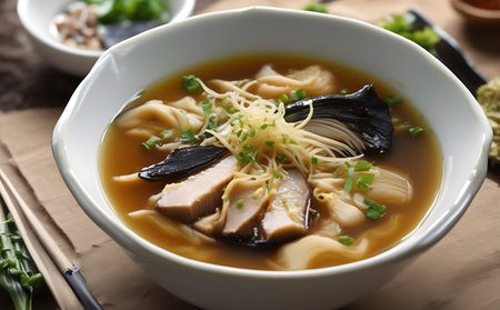 Japanese miso soup with miso noodles and shimeji mushroomsの素材