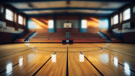 Empty hall of a sports hall with wooden floor. 3d renderingの素材