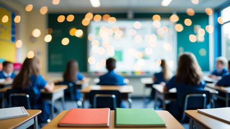 Blurred background of students sitting in classroom at school. Education conceptの素材