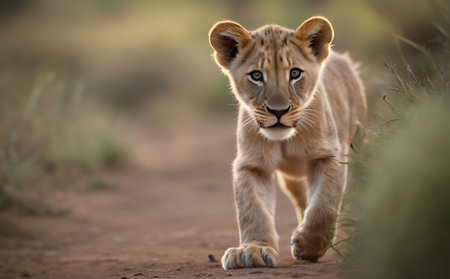 Lion cub walking towards camera in Kruger National Park, South Africa ; Specie Panthera leo family of Felidaeの素材