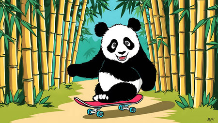 panda riding a skateboard in bamboo forest, vector cartoon illustrationの素材