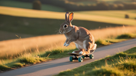 Rabbit riding a skateboard on a road in the countryside.の素材