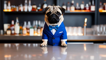 Cute pug dog in a blue suit sitting in a barの素材