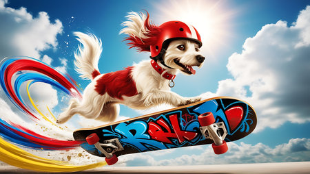Funny dog in red helmet and skateboard on the sky backgroundの素材