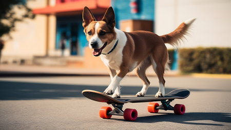 Cute corgi dog with longboard on the skateboard.の素材