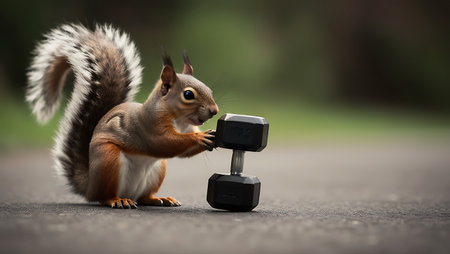 Squirrel with a dumbbell and a black barbell in the parkの素材